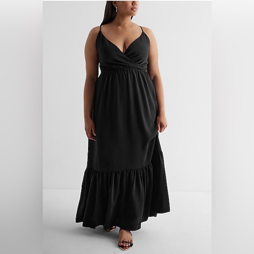 Express Satin Wrap Front Tiered Maxi Dress (Black, XL)